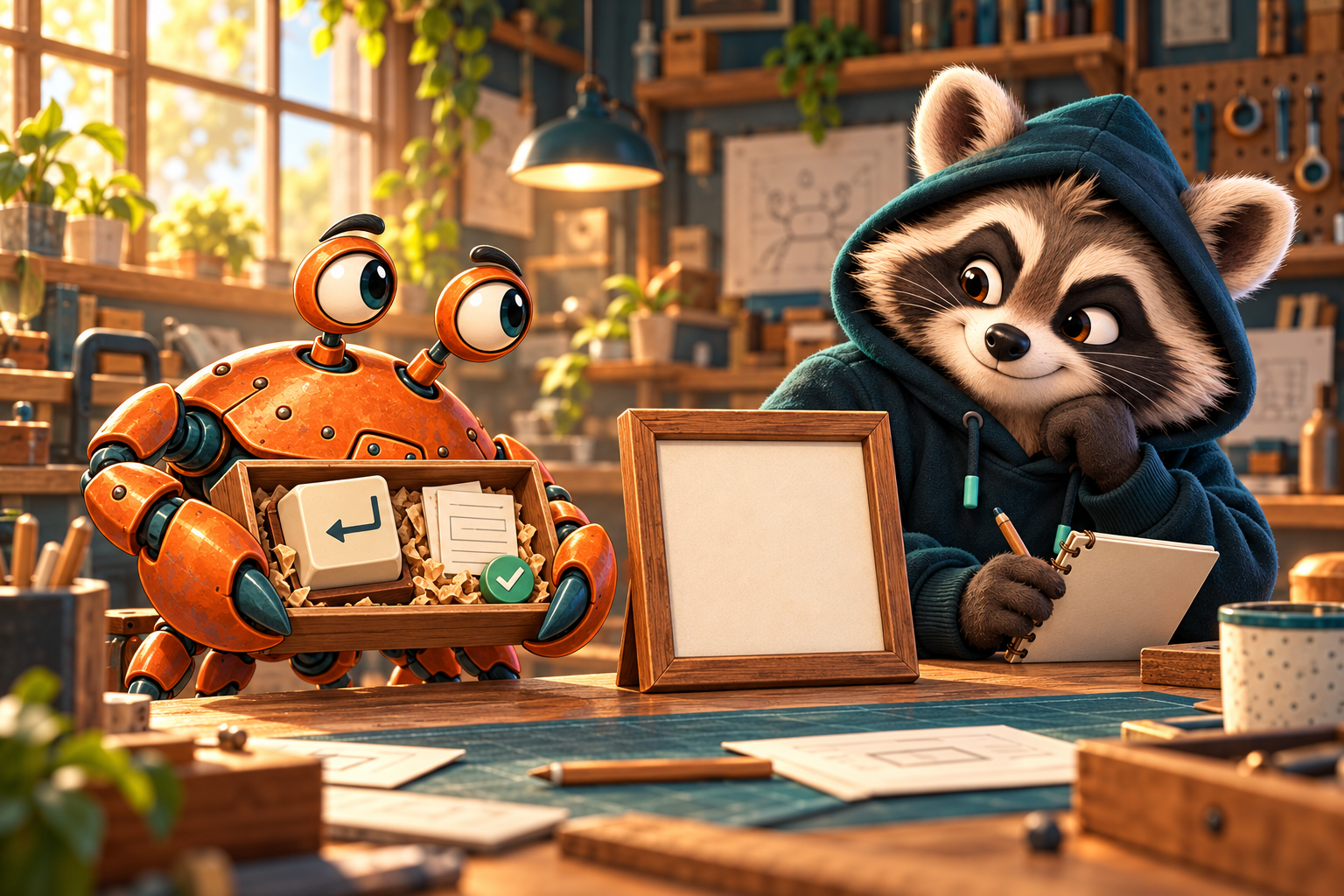 Klemm, a copper mechanical crab, holds a tray containing a sample tool while Shorokh the raccoon looks at an empty picture frame beside it.
