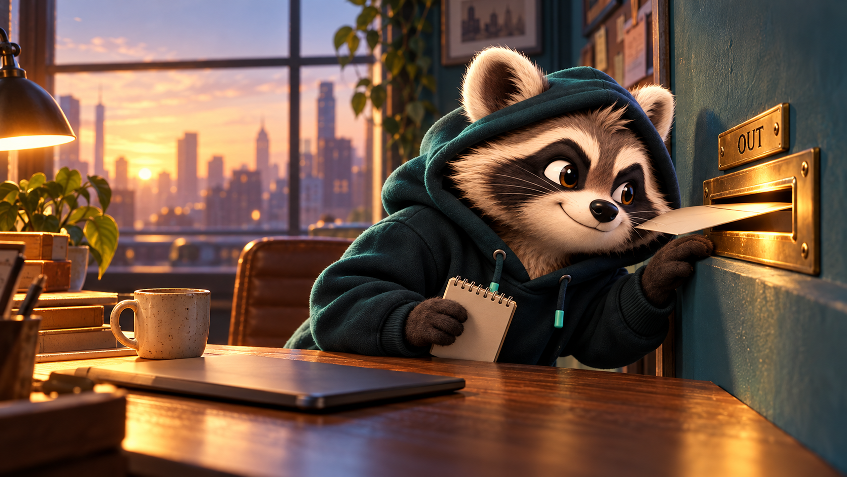 Shorokh, the raccoon in a dark teal hoodie, eagerly peeks into an outgoing-mail slot after posting an envelope. A warm illustrated office at dawn.