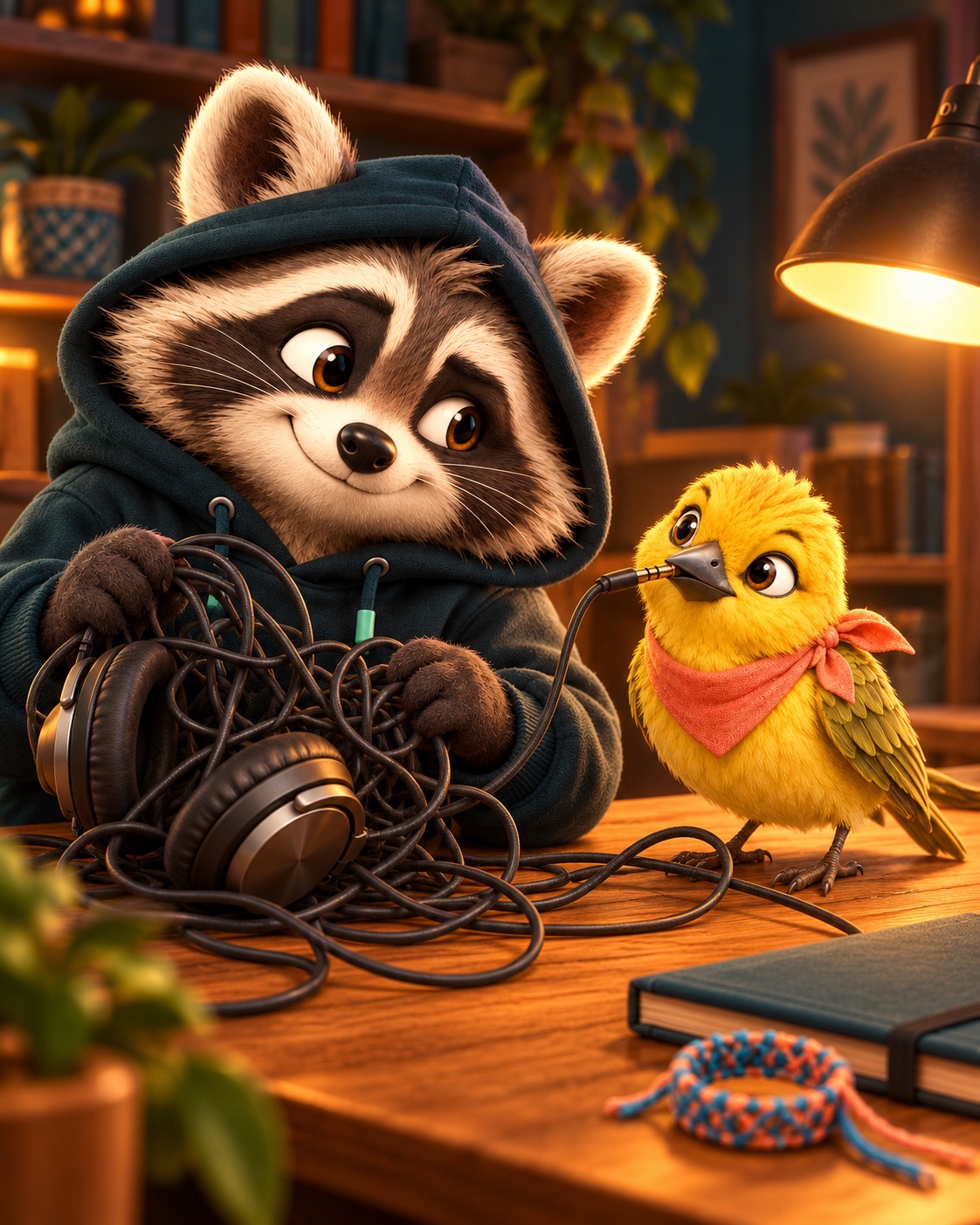 Shorokh the raccoon holds a tangled pair of wired headphones while Weft, a golden weaver bird in a coral scarf, lifts the loose plug in a lamplit office.