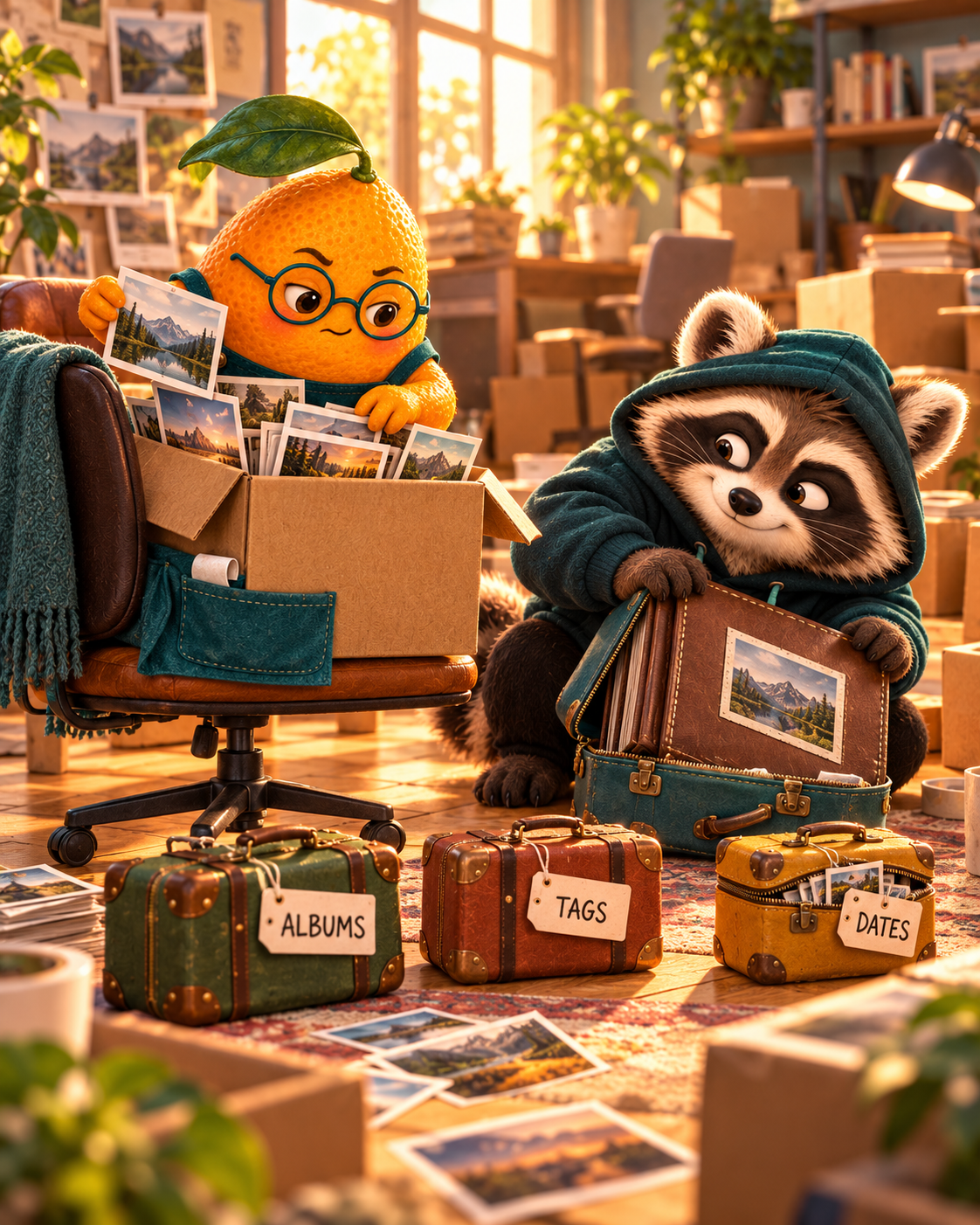 Cedrik the kumquat packs landscape photos while Shorokh the raccoon wrestles with a photo album. Three small suitcases are labelled ALBUMS, TAGS and DATES.
