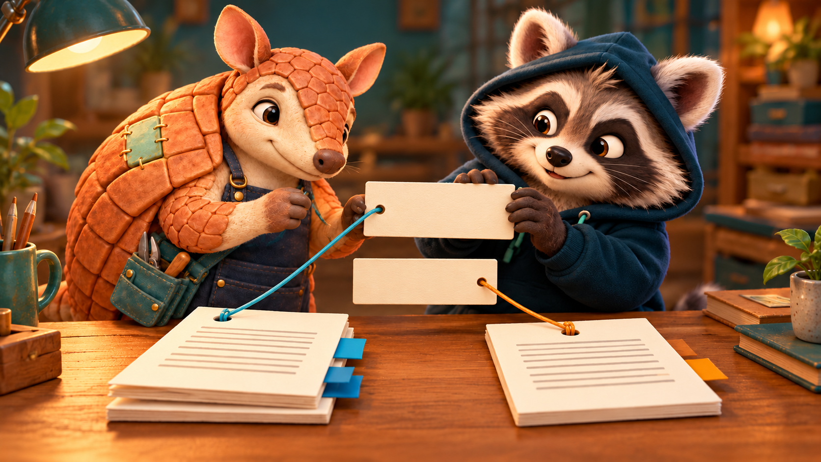 Shtops, a terracotta armadillo, and Shorokh the raccoon connect two index cards to their matching document bundles.