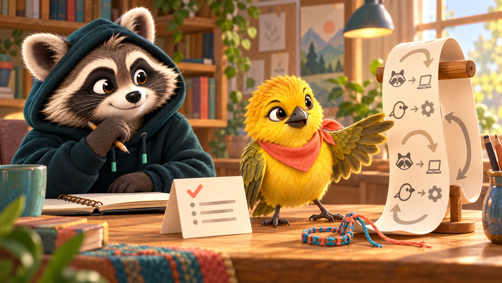 Weft, a golden weaver bird in a coral neckerchief, points to a looping paper briefing while Shorokh listens with his notebook in an illustrated workshop.